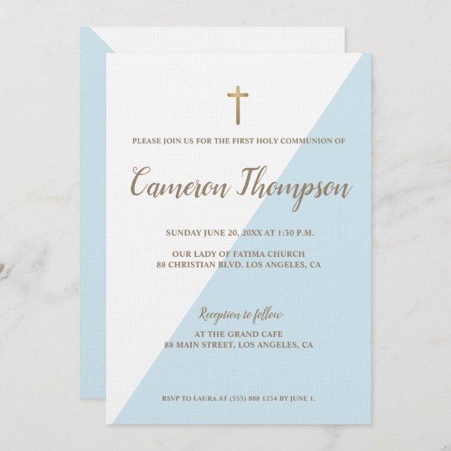 First Holy Communion Modern Blue White Gold Invitation (Front/Back)