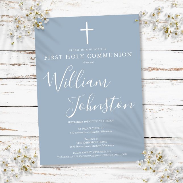 First Holy Communion Modern Dusty Blue Invitation (First Holy Communion Modern Dusty Blue Invitation)