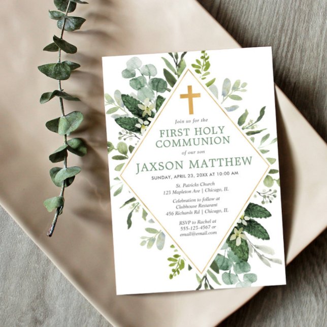 First Holy Communion modern eucalyptus simple Invitation (Creator Uploaded)
