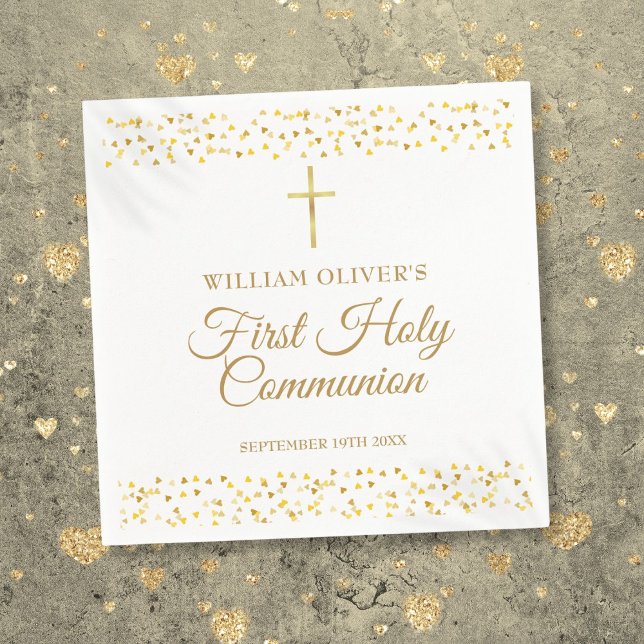 First Holy Communion Modern Gold Hearts  Napkin (First Holy Communion Modern Gold Hearts Napkins)