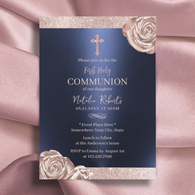 First Holy Communion Modern Navy Rose Gold Floral Invitation (Creator Uploaded)