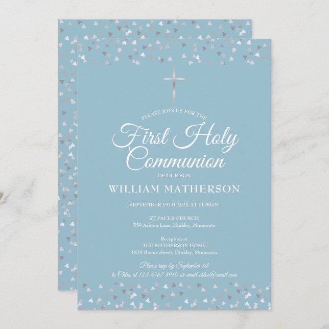  First Holy Communion Modern Silver Hearts Invitation (Front/Back)