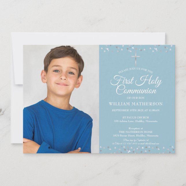 First Holy Communion Modern Silver Hearts Photo Invitation (Front)