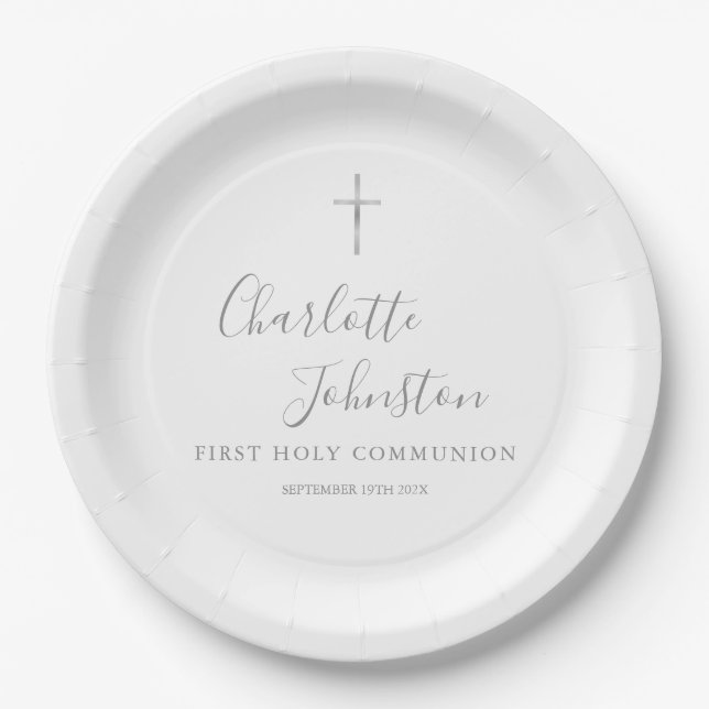 First Holy Communion Modern Silver Script Paper Plate (Front)