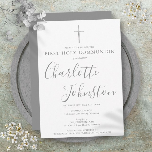 First Holy Communion Modern Silver Signature  Invitation (First Holy Communion Modern Silver Signature Invitation)