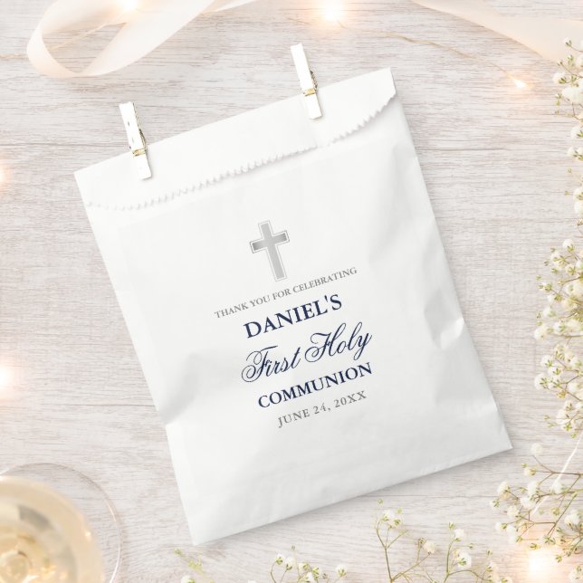 First Holy Communion Navy Blue and Silver Favour Bag (Clipped)