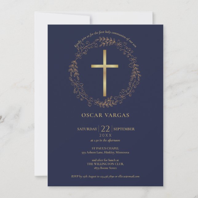 First Holy Communion Navy Blue Gold Cross Floral Invitation (Front)