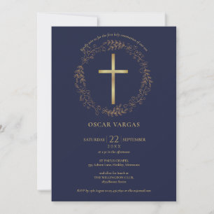 First Holy Communion Navy Blue Gold Cross Floral Invitation