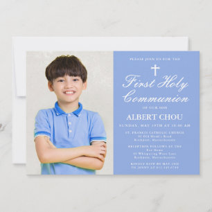 First Holy Communion One-Photo Boy Blue White Invitation
