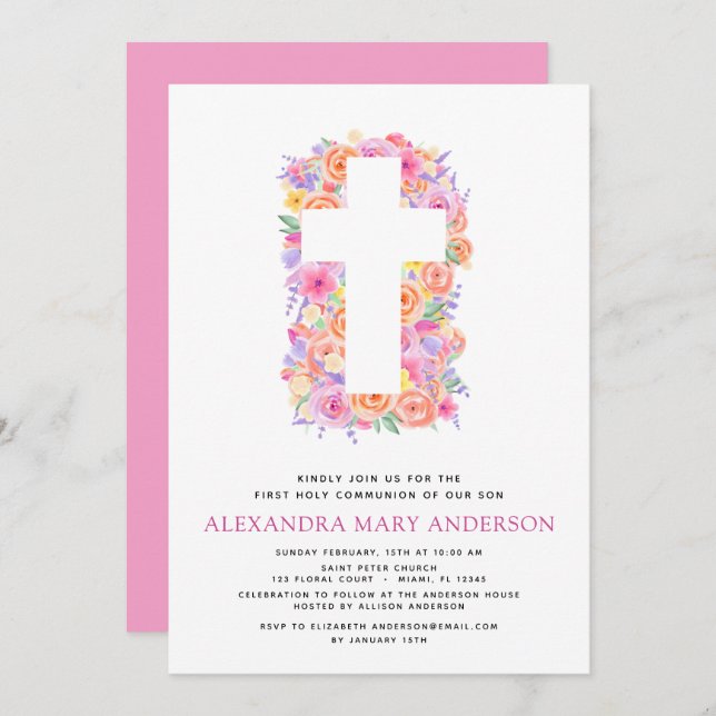 First Holy Communion Pastel Floral Pink Invitation (Front/Back)