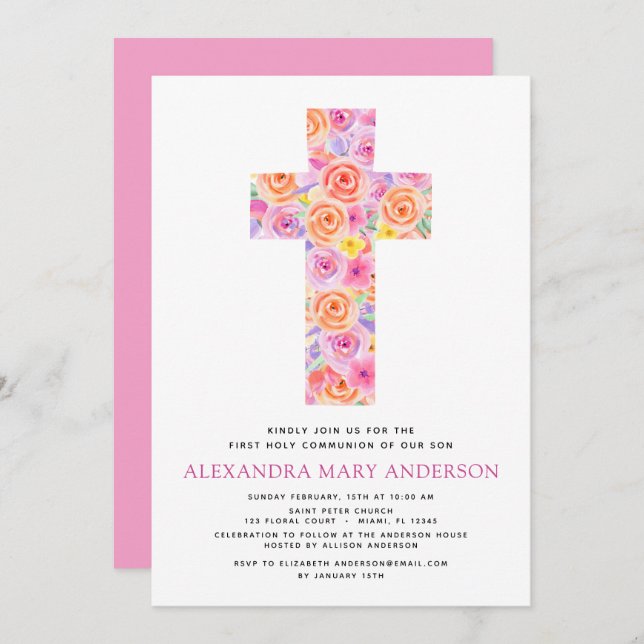 First Holy Communion Pastel Floral Pink Rose Invitation (Front/Back)
