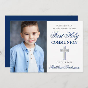 First Holy Communion Photo Blue and Silver Invitation