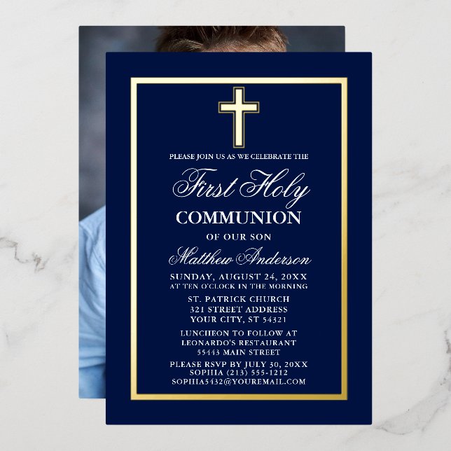 First Holy Communion Photo Cross Navy Blue Gold (Front/Back)