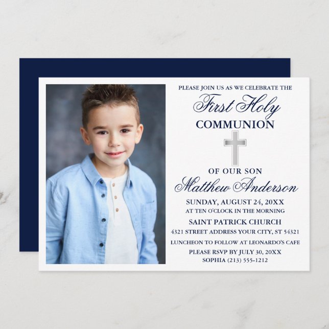 First Holy Communion Photo Cross Navy Blue Silver Invitation (Front/Back)