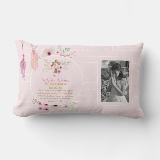 First Holy Communion PHOTO Gift Grils Pink Flowers Lumbar Cushion (Front)