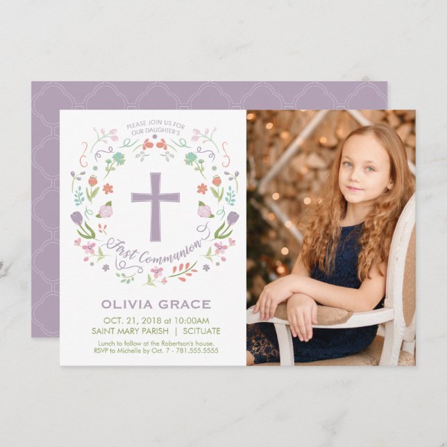 First Holy Communion Photo Invitation, Girl Invite (Front/Back)