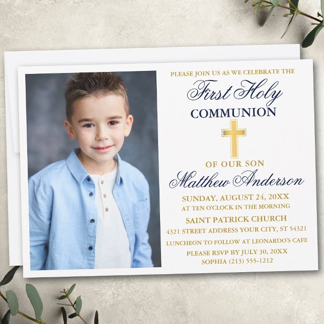 First Holy Communion Photo Navy Blue and Gold Invitation (Creator Uploaded)