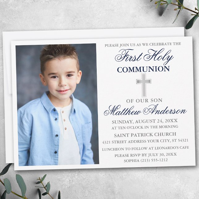 First Holy Communion Photo Navy Blue and Silver Invitation (Creator Uploaded)