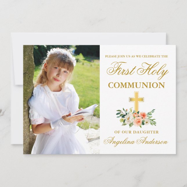 First Holy Communion Photo Peach Floral Gold Invitation (Front)