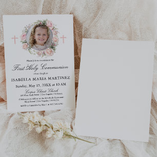 First Holy Communion Photo Pink Rose Floral Invitation