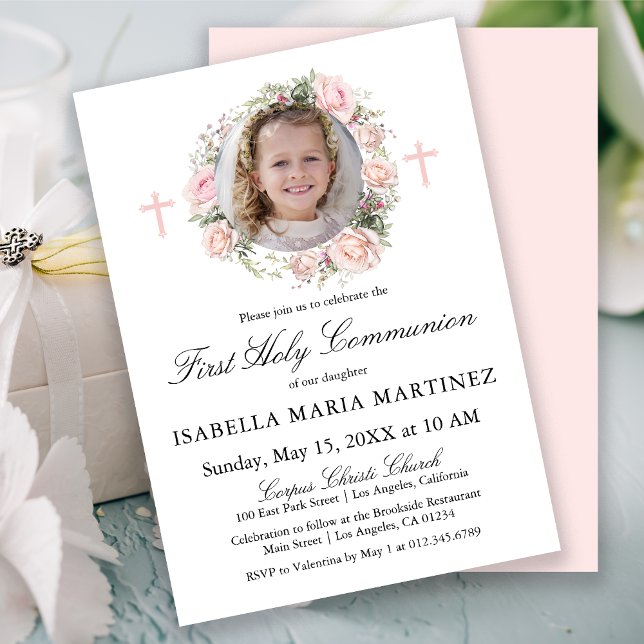 First Holy Communion Photo Pink Rose Floral Invitation (Creator Uploaded)