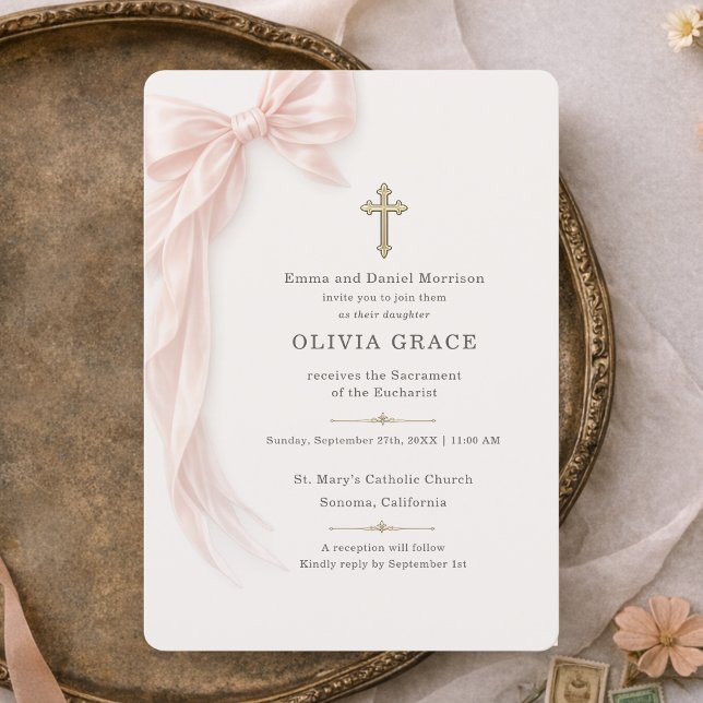 First Holy Communion Pink Bow Girl  Invitation (Creator Uploaded)