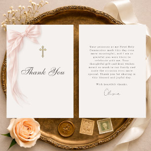First Holy Communion Pink Coquette Bow Girl  Thank You Card