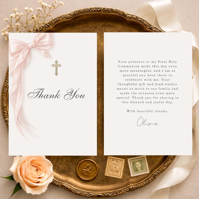 First Holy Communion Pink Coquette Bow Girl  Thank You Card (Creator Uploaded)