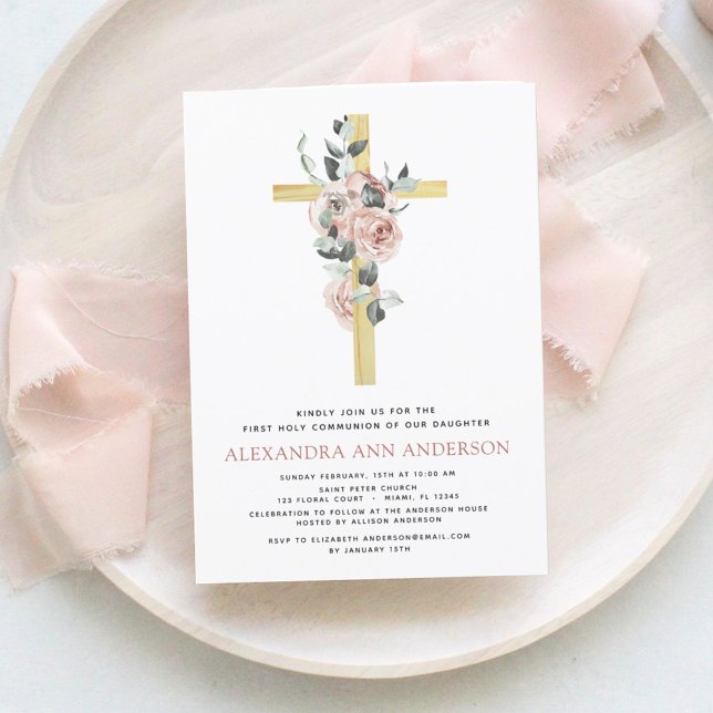 First Holy Communion Pink Dusty Rose Greenery  Inv Invitation (Creator Uploaded)