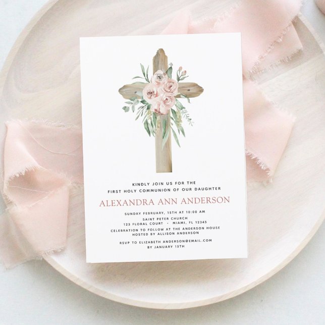 First Holy Communion Pink Dusty Rose Greenery  Inv Invitation (Creator Uploaded)