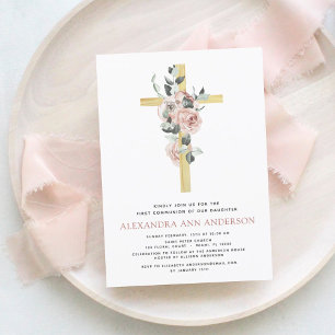 First Holy Communion Pink Dusty Rose Greenery  Inv Invitation