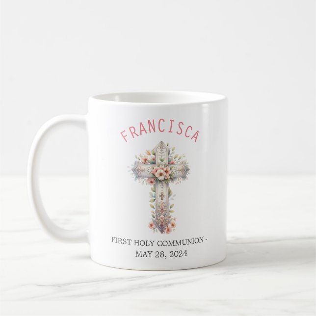 First Holy Communion Pink Floral Cross Coffee Mug (Left)
