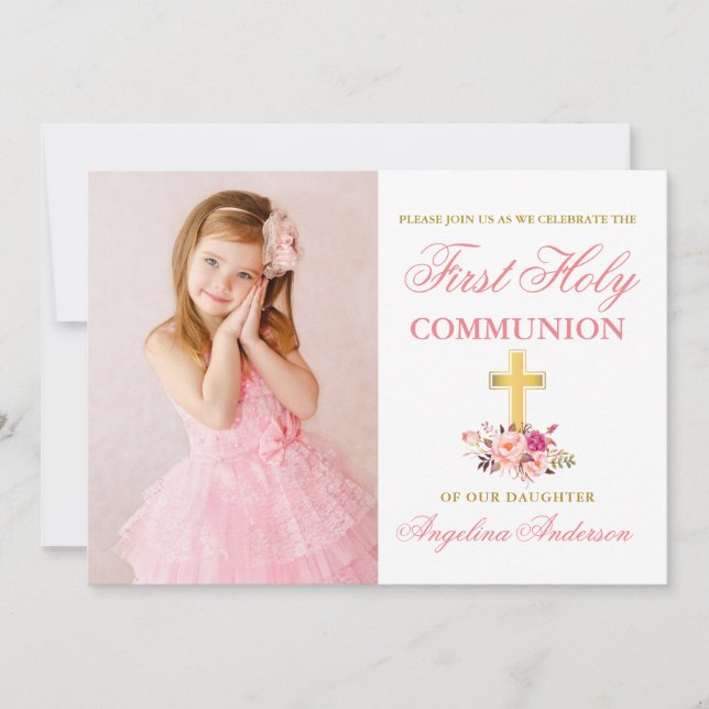 First Holy Communion Pink Floral Photo Invitation (Front)
