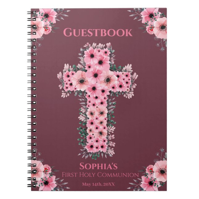 First Holy Communion Pink Flower Cross Guest Book (Front)