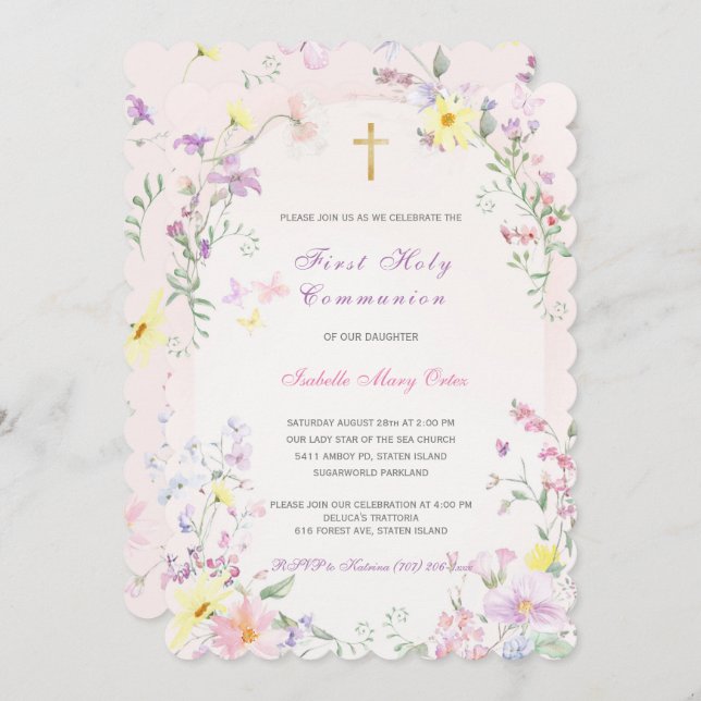 First Holy Communion Pink Girl Invitation (Front/Back)