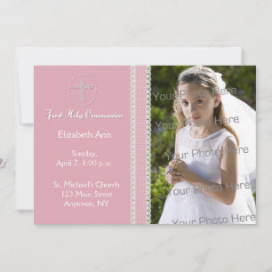 First Holy Communion, PInk Ribbon Invitation