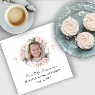 First Holy Communion Pink Rose Floral Cross Napkin