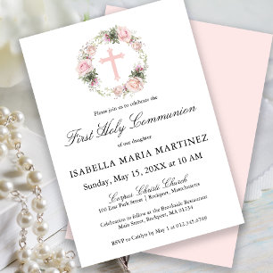 First Holy Communion Pink Rose Floral Invitation