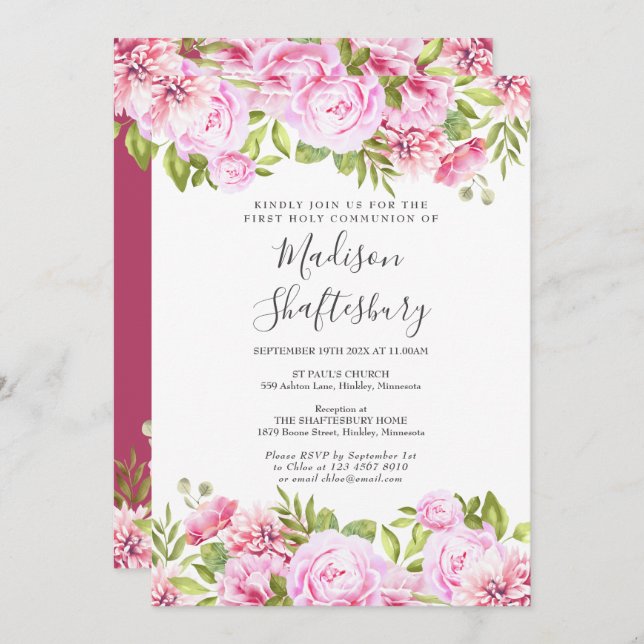 First Holy Communion Pink Rose Floral Invitation (Front/Back)