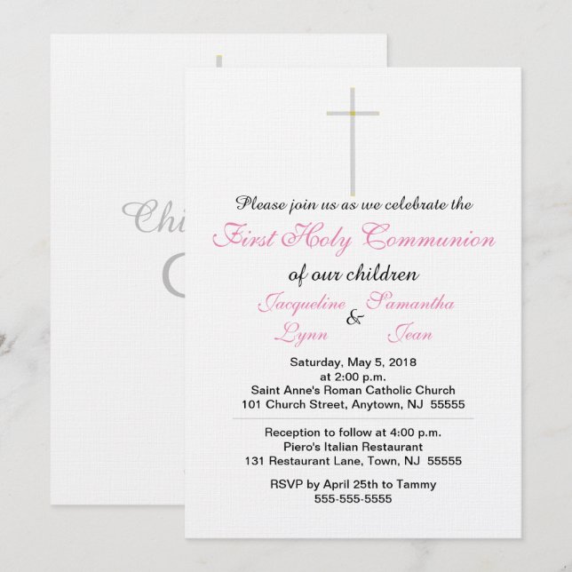 First Holy Communion Pink Twins Invitations (Front/Back)