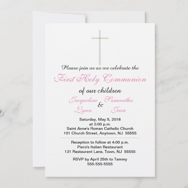 First Holy Communion Pink Twins Invitations (Front)