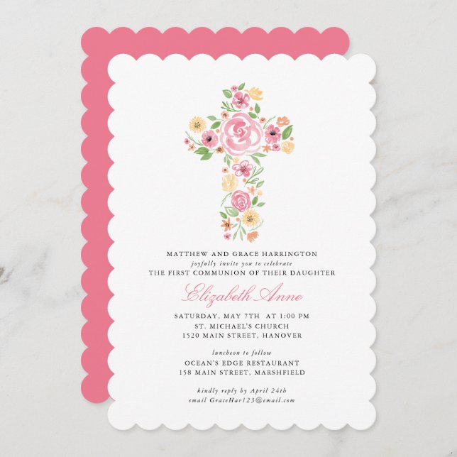 First Holy Communion Pink Watercolor Flower Cross Invitation (Front/Back)