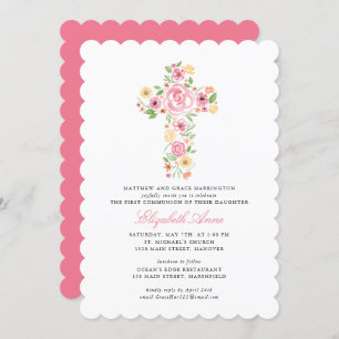 First Holy Communion Pink Watercolor Flower Cross Invitation
