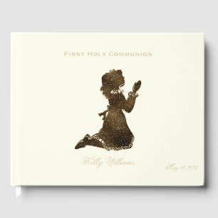 First Holy Communion Praying Girl Gold Elegant Guest Book