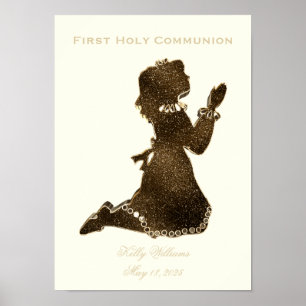 First Holy Communion Praying Girl Gold Elegant Poster