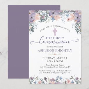 First Holy Communion Purple Floral Cross Invitation