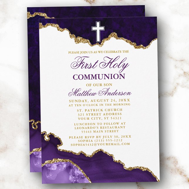 First Holy Communion Purple Gold Marble Geode Invitation (Customize to change text color,  size or text style.)