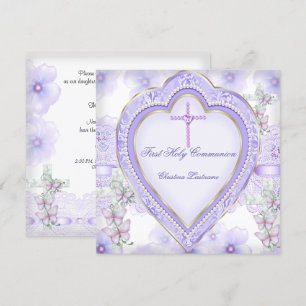First Holy Communion Purple Pink Heart Girl 2 Invitation