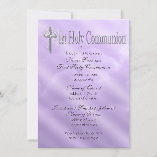 First holy communion purple religious invitation (Front)