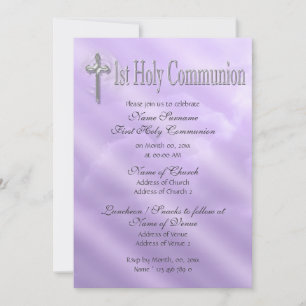 First holy communion purple religious invitation